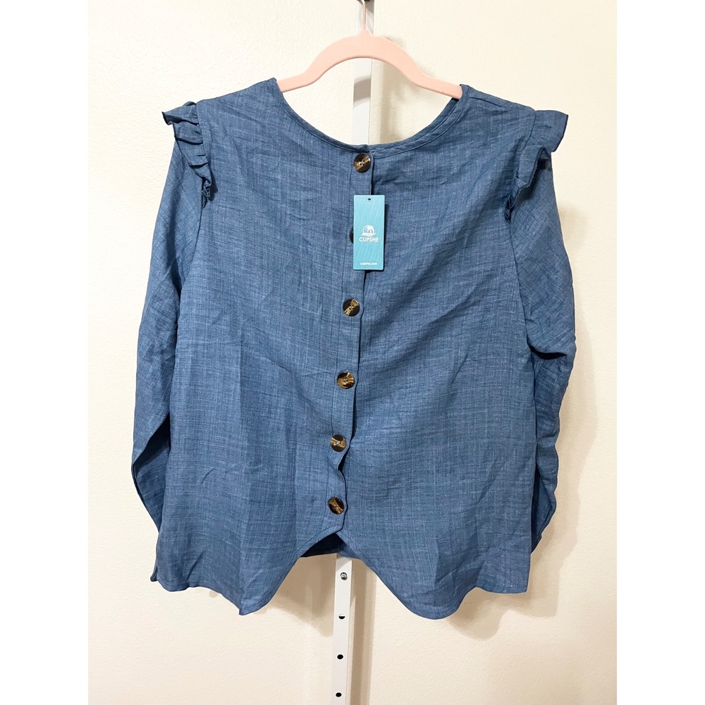 NWT Cupshe Boho Chambray Long Sleeve Ruffle Blouse Top Large - Picture 2 of 7